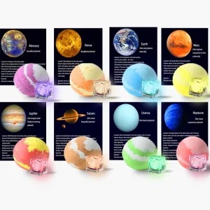 Light up Bath Bombs for Kids with Surprise Toys and Study Cards Inside, 8 Pcs Planets Bath Bomb, Organic Essential Oil Spa Gift for Women Birthday Party Christmas