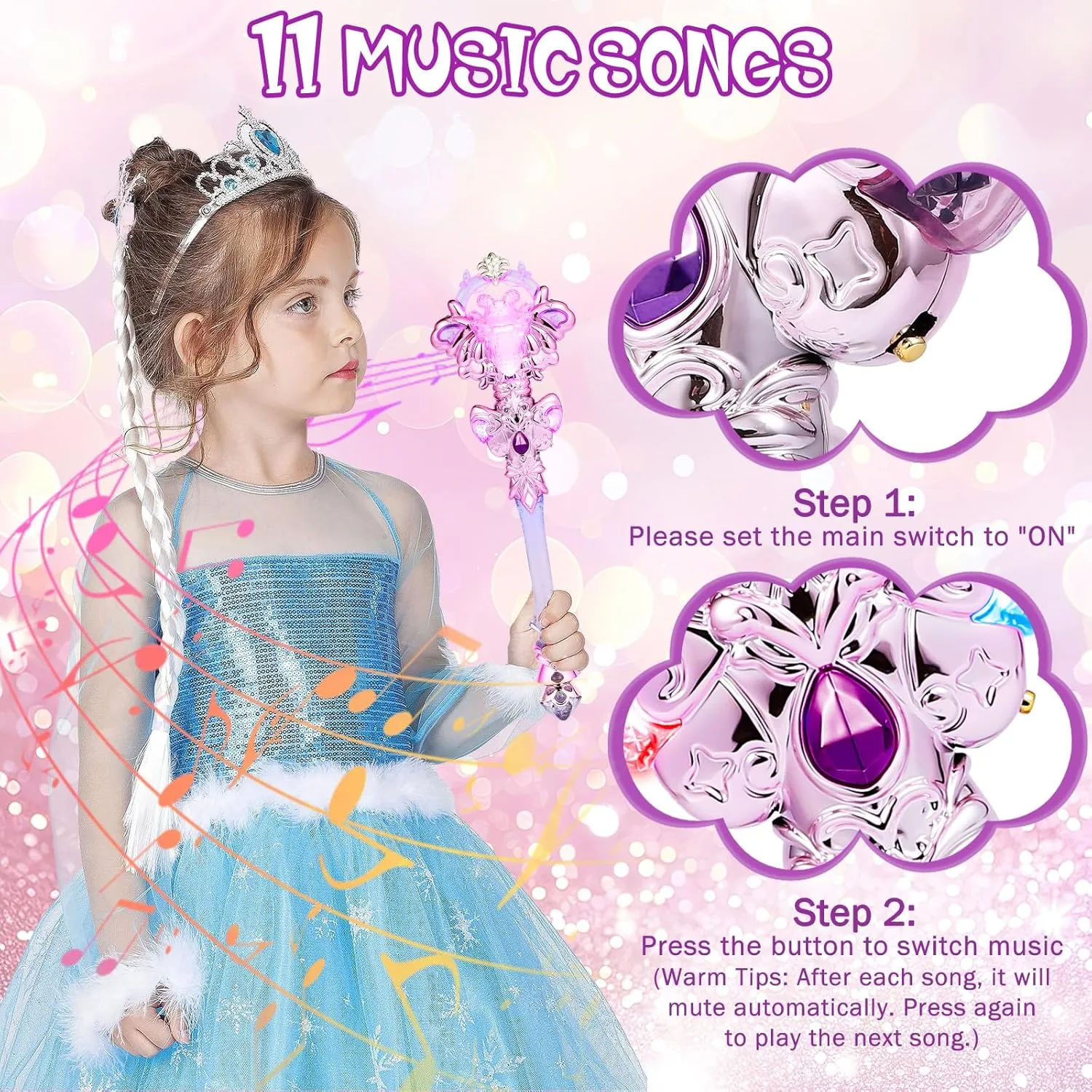 Light Up Princess Magic Wand with Music Rechargeable Fairy Toy Butterfly Wands for Kids Girls Party Favors, 2PCS, Purple