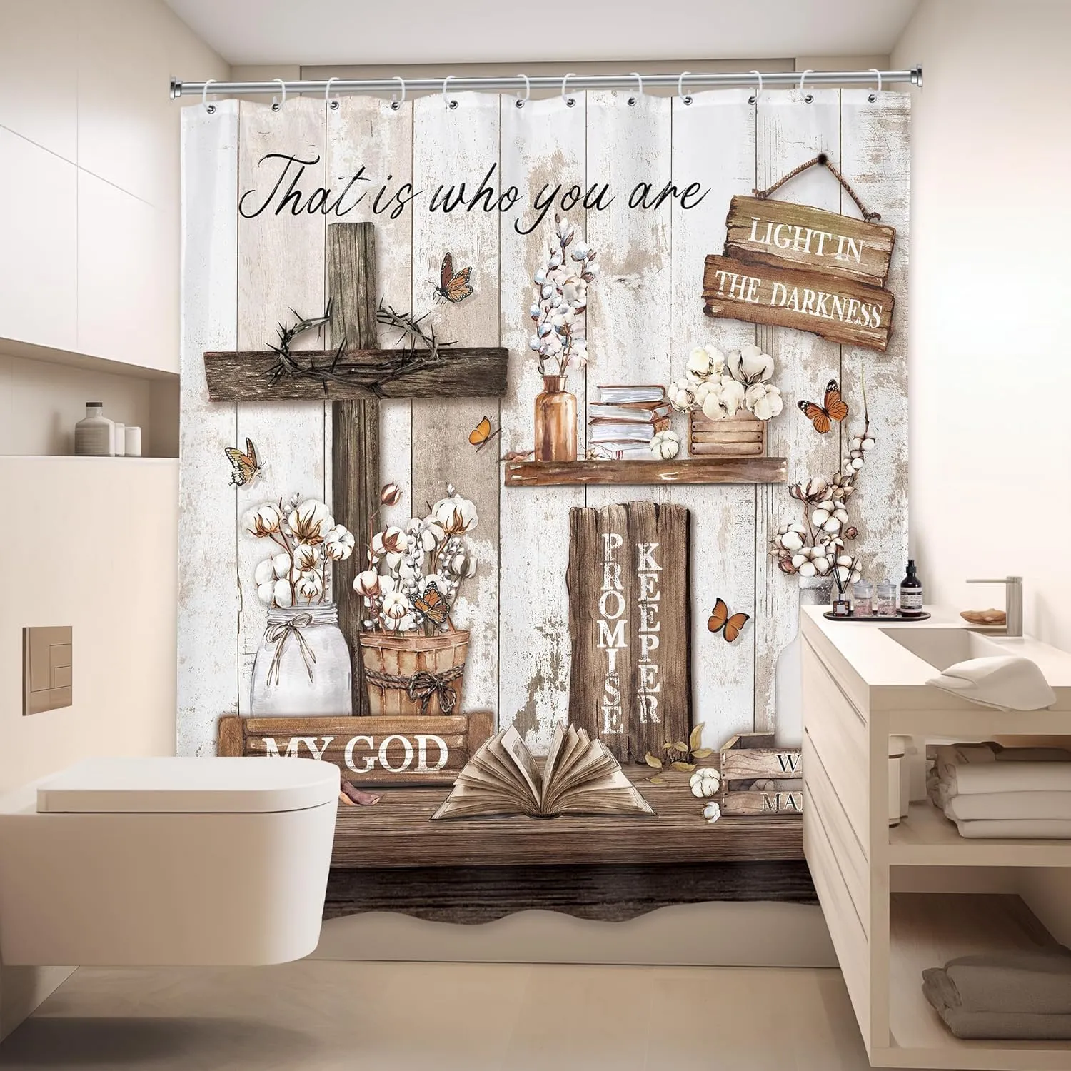 LIGHTINHOME Rustic Bible Verse Shower Curtain 72Wx72H Inches Christian Farmhouse Cross Inspirational Quotes Scriptures Holy Country Bathroom Decor Fabric Waterproof Polyester Set with Hooks