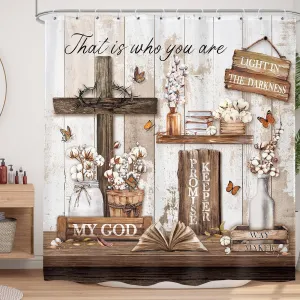 LIGHTINHOME Rustic Bible Verse Shower Curtain 72Wx72H Inches Christian Farmhouse Cross Inspirational Quotes Scriptures Holy Country Bathroom Decor Fabric Waterproof Polyester Set with Hooks
