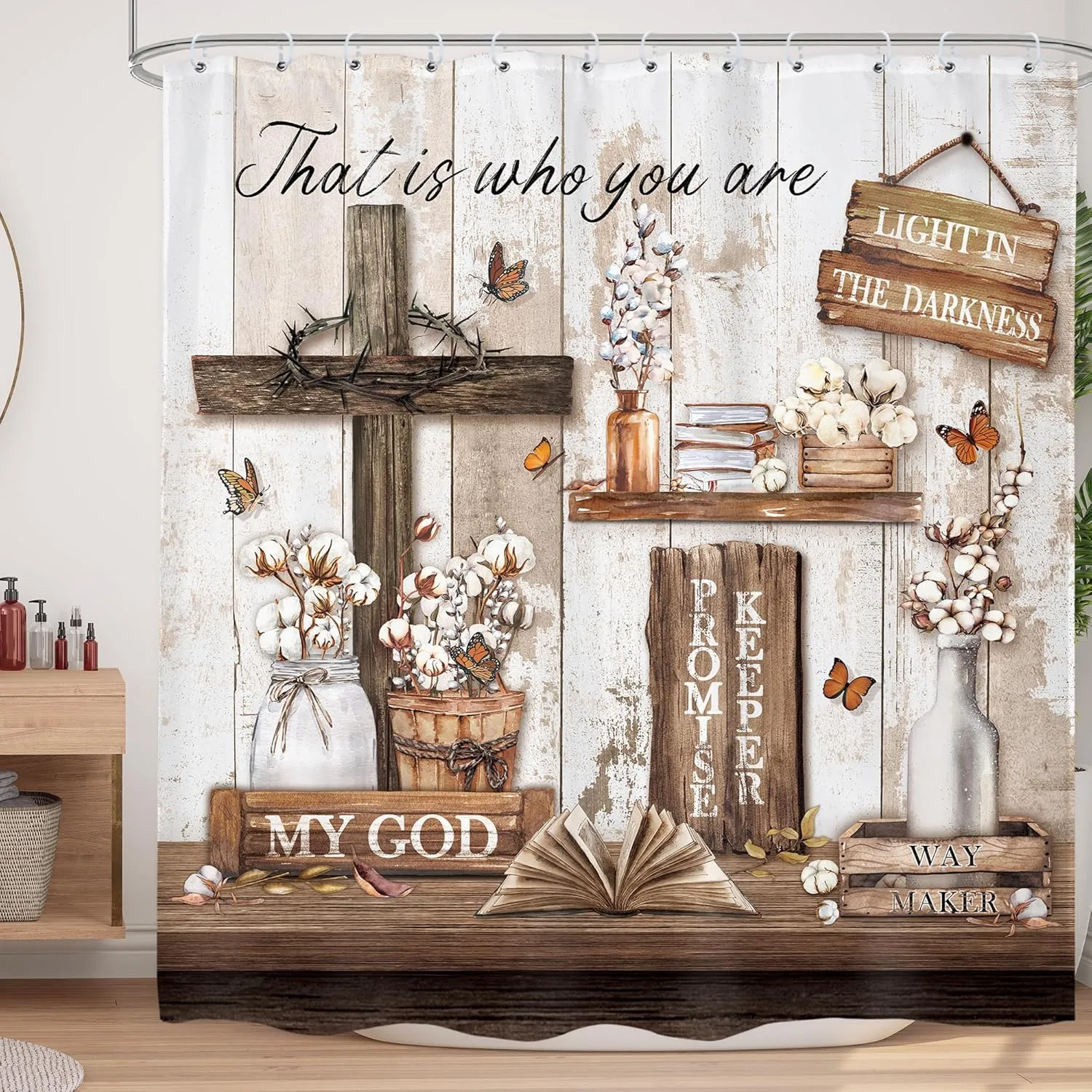 LIGHTINHOME Rustic Bible Verse Shower Curtain 72Wx72H Inches Christian Farmhouse Cross Inspirational Quotes Scriptures Holy Country Bathroom Decor Fabric Waterproof Polyester Set with Hooks