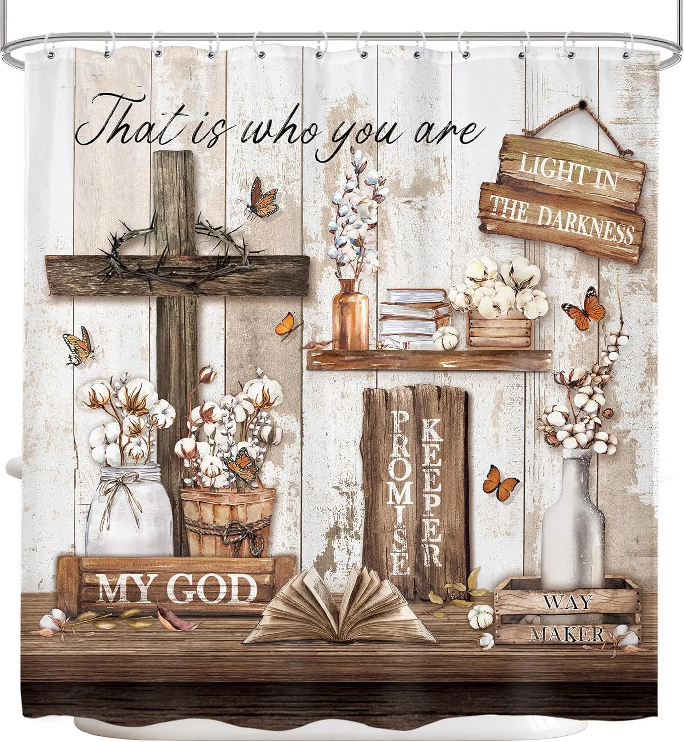 LIGHTINHOME Rustic Bible Verse Shower Curtain 72Wx72H Inches Christian Farmhouse Cross Inspirational Quotes Scriptures Holy Country Bathroom Decor Fabric Waterproof Polyester Set with Hooks