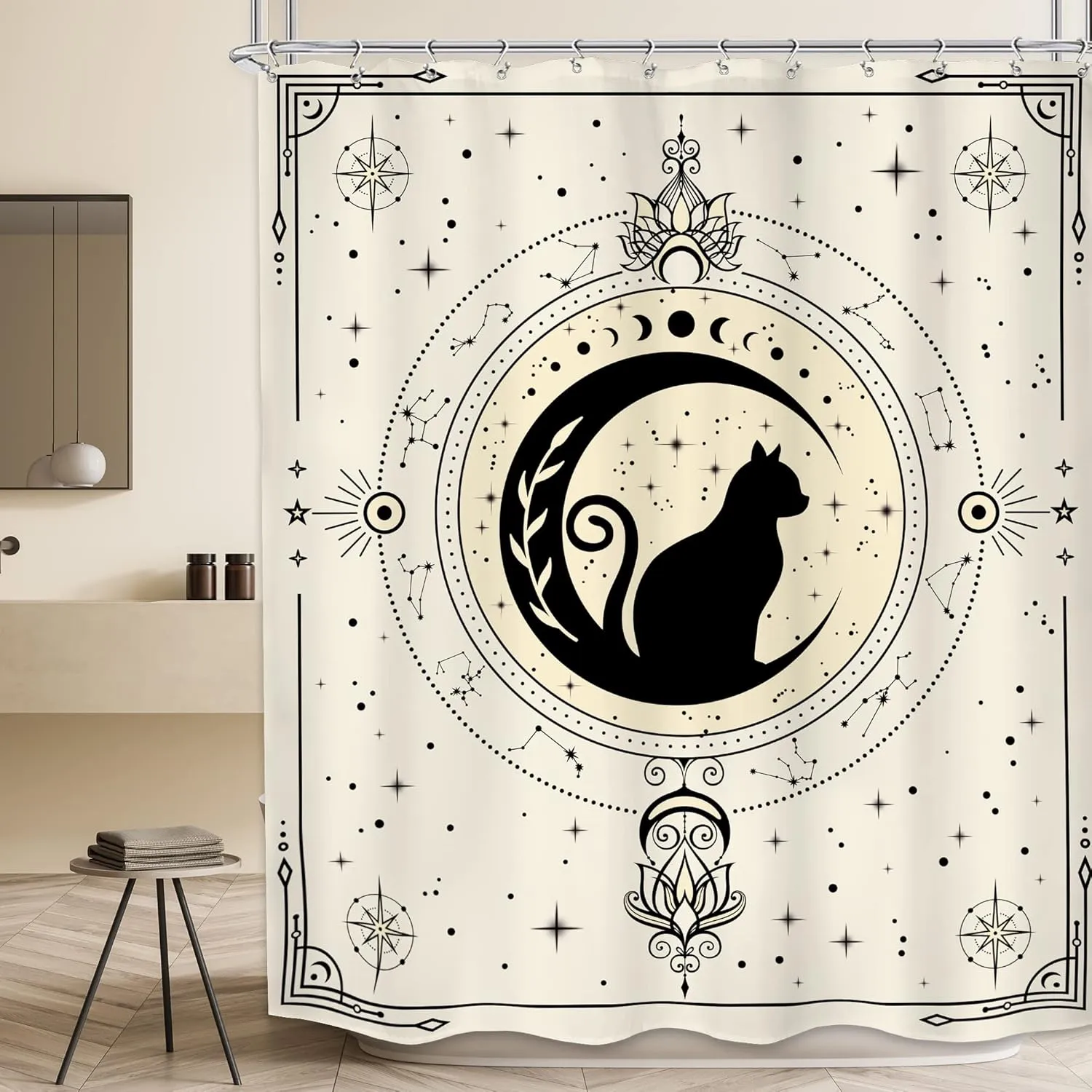 LIGHTINHOME Witchy Black Cat Shower Curtain 60Wx72H Inches Boho Moon Phase Beige Stars Mysterious Mystic Celestial Bathroom Decor Fabric Waterproof Polyester Home Decor Set with Hooks