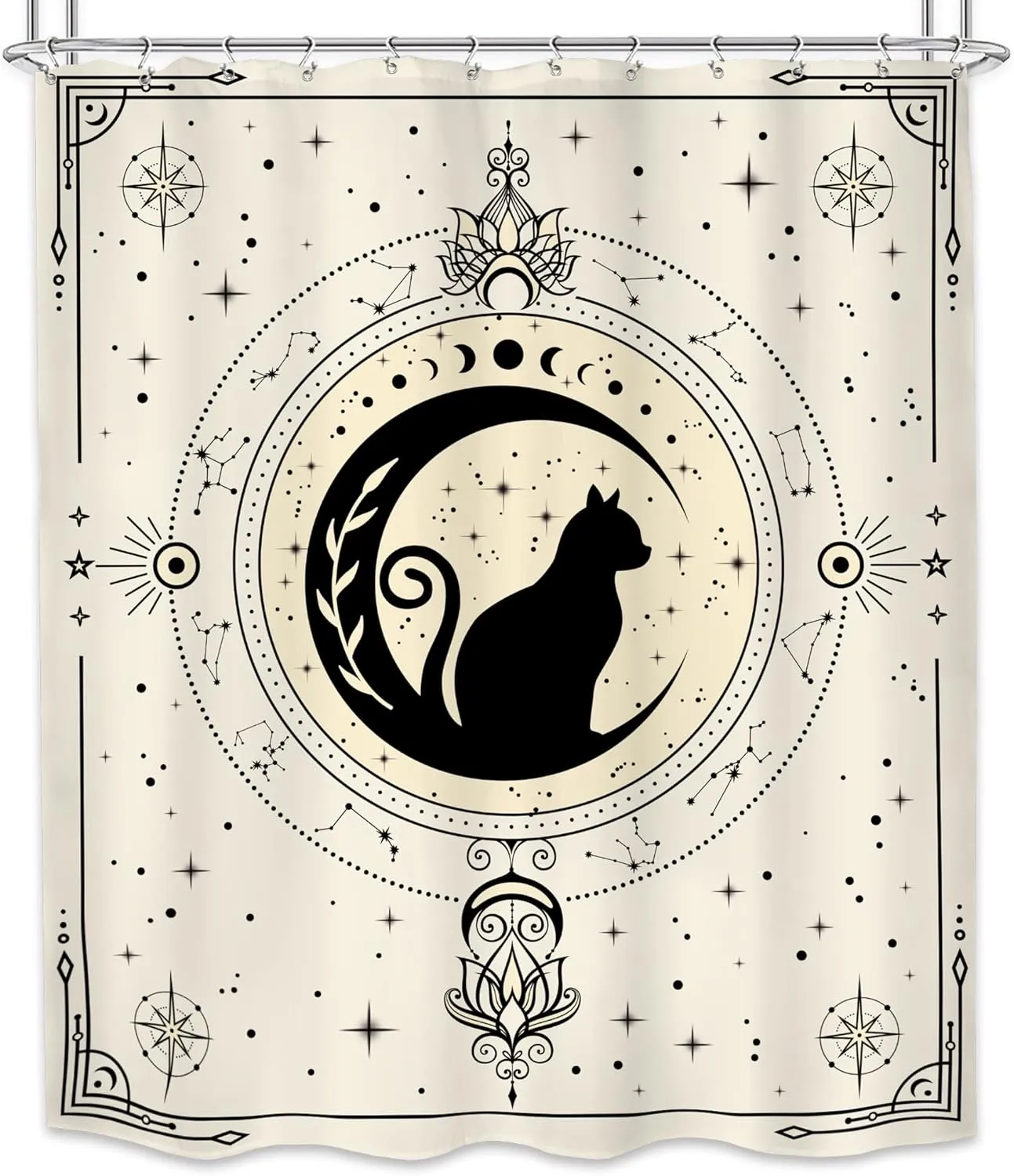 LIGHTINHOME Witchy Black Cat Shower Curtain 60Wx72H Inches Boho Moon Phase Beige Stars Mysterious Mystic Celestial Bathroom Decor Fabric Waterproof Polyester Home Decor Set with Hooks