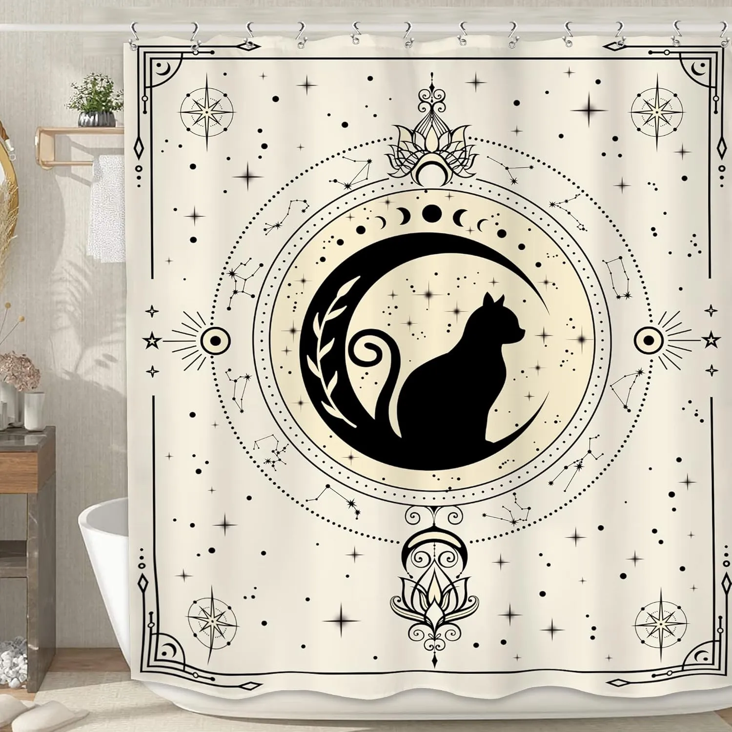 LIGHTINHOME Witchy Black Cat Shower Curtain 60Wx72H Inches Boho Moon Phase Beige Stars Mysterious Mystic Celestial Bathroom Decor Fabric Waterproof Polyester Home Decor Set with Hooks
