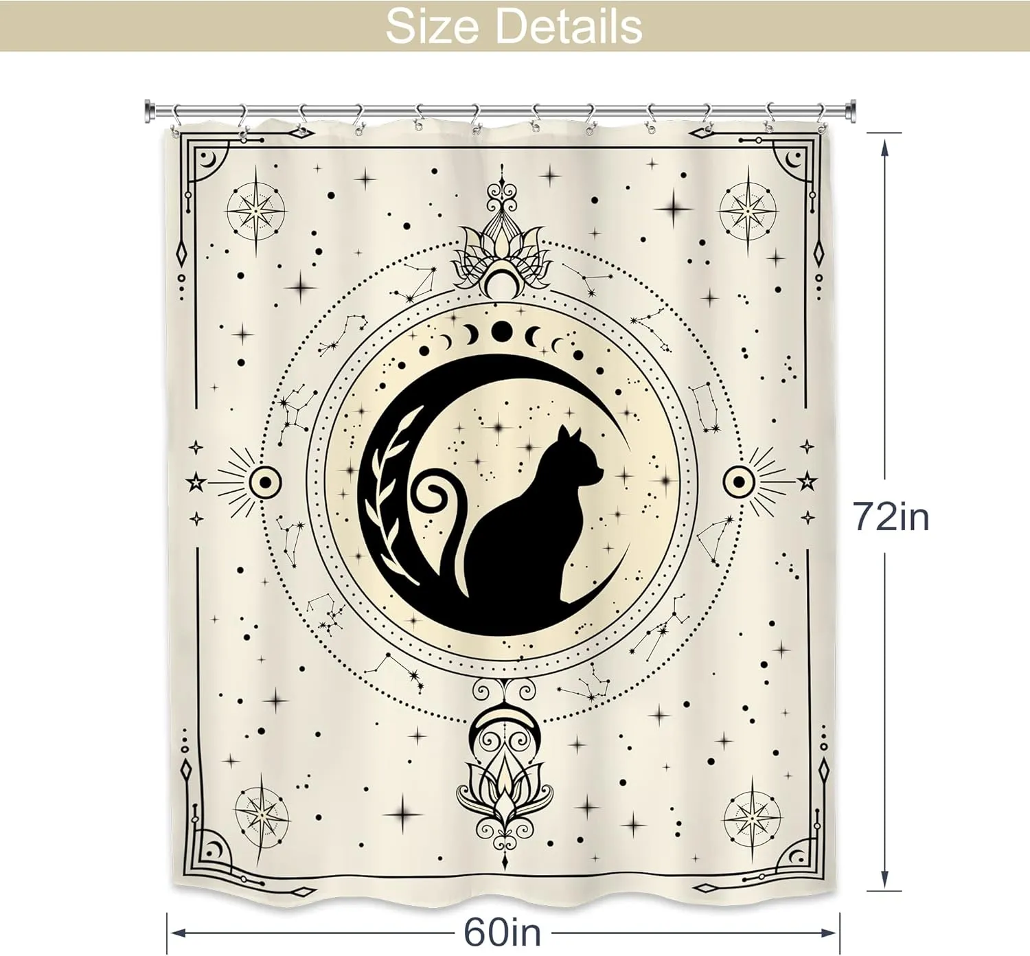 LIGHTINHOME Witchy Black Cat Shower Curtain 60Wx72H Inches Boho Moon Phase Beige Stars Mysterious Mystic Celestial Bathroom Decor Fabric Waterproof Polyester Home Decor Set with Hooks