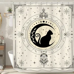 LIGHTINHOME Witchy Black Cat Shower Curtain 60Wx72H Inches Boho Moon Phase Beige Stars Mysterious Mystic Celestial Bathroom Decor Fabric Waterproof Polyester Home Decor Set with Hooks