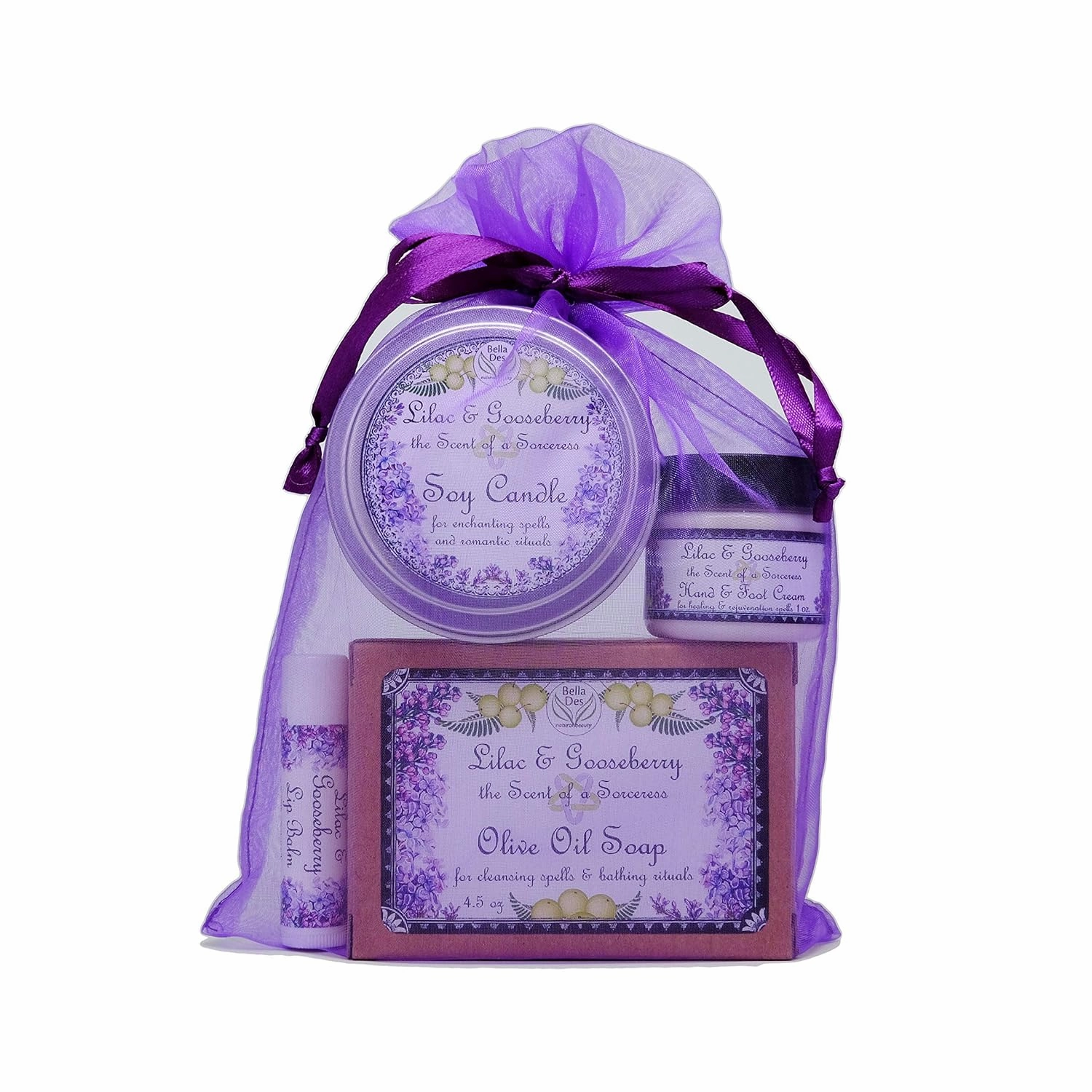 Lilac & Gooseberry Gift Bag | Soy Candle Tin, Lip Balm, Soap and Cream | Yennefer Scent of a Sorceress by Bella Des Natural Beauty