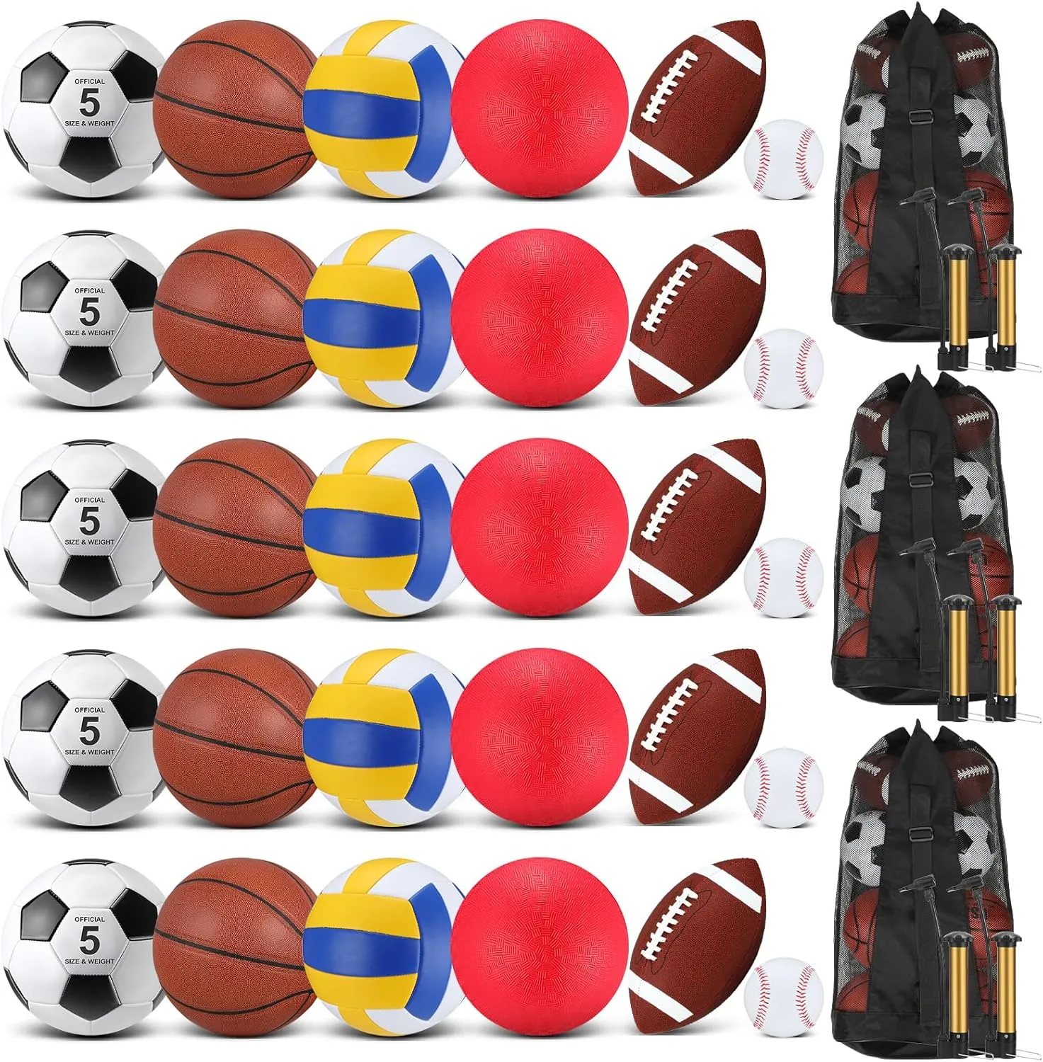 Liliful 36 Pcs Bulk Assorted Sport Balls Set Football Soccer Playground Ball Basketball Volleyball Baseball with Equipment Bag Pump for Kid Youth Adult Back to School Gifts