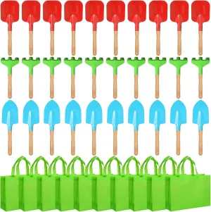Liliful 40 Pcs Kids Gardening Tools 10 Garden Rake 10 Garden Shovel 10 Garden Trowel 10 Green Tote Bags Metal Garden Tools with Wooden Handle Beach Sandbox Toy for Planting Loosening Digging