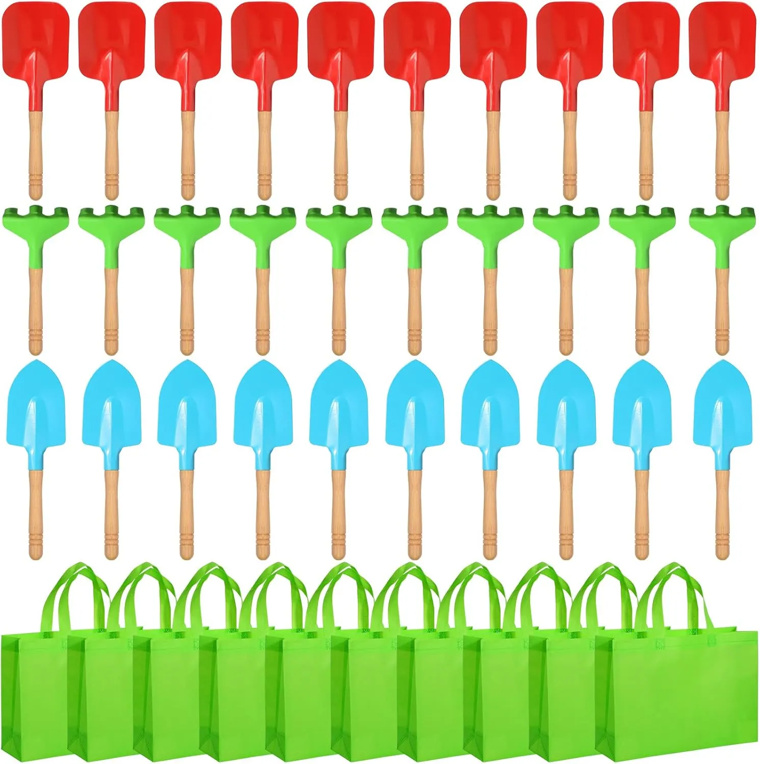 Liliful 40 Pcs Kids Gardening Tools 10 Garden Rake 10 Garden Shovel 10 Garden Trowel 10 Green Tote Bags Metal Garden Tools with Wooden Handle Beach Sandbox Toy for Planting Loosening Digging
