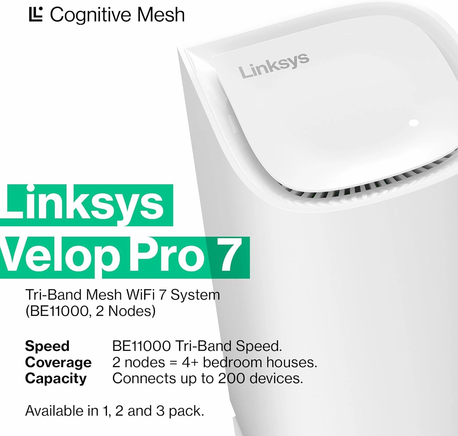 Linksys Velop Pro 7 WiFi Mesh System | Two Cognitive Mesh Tri-Band routers with Over 10 Gbps Speeds | Whole Home Coverage up to 6,000 sq. ft. | Connect 200  Devices | 2 Pack MBE7002 | 2023 Release