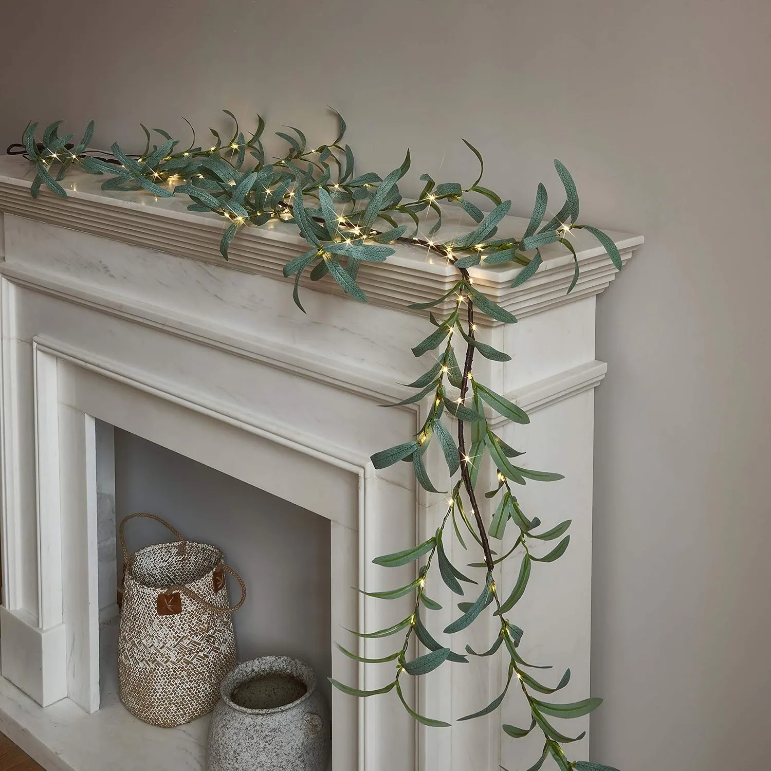 LITBLOOM Lighted Olive Garland Battery Operated with Timer 96 Fairy Lights 6FT, Artificial Greenery Twig Vine Lights for Christmas Spring Fireplace Mantle Decoration Indoor Outdoor