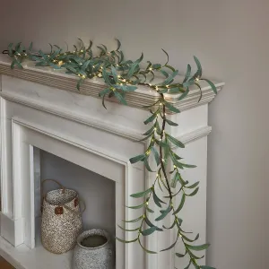 LITBLOOM Lighted Olive Garland Battery Operated with Timer 96 Fairy Lights 6FT, Artificial Greenery Twig Vine Lights for Christmas Spring Fireplace Mantle Decoration Indoor Outdoor