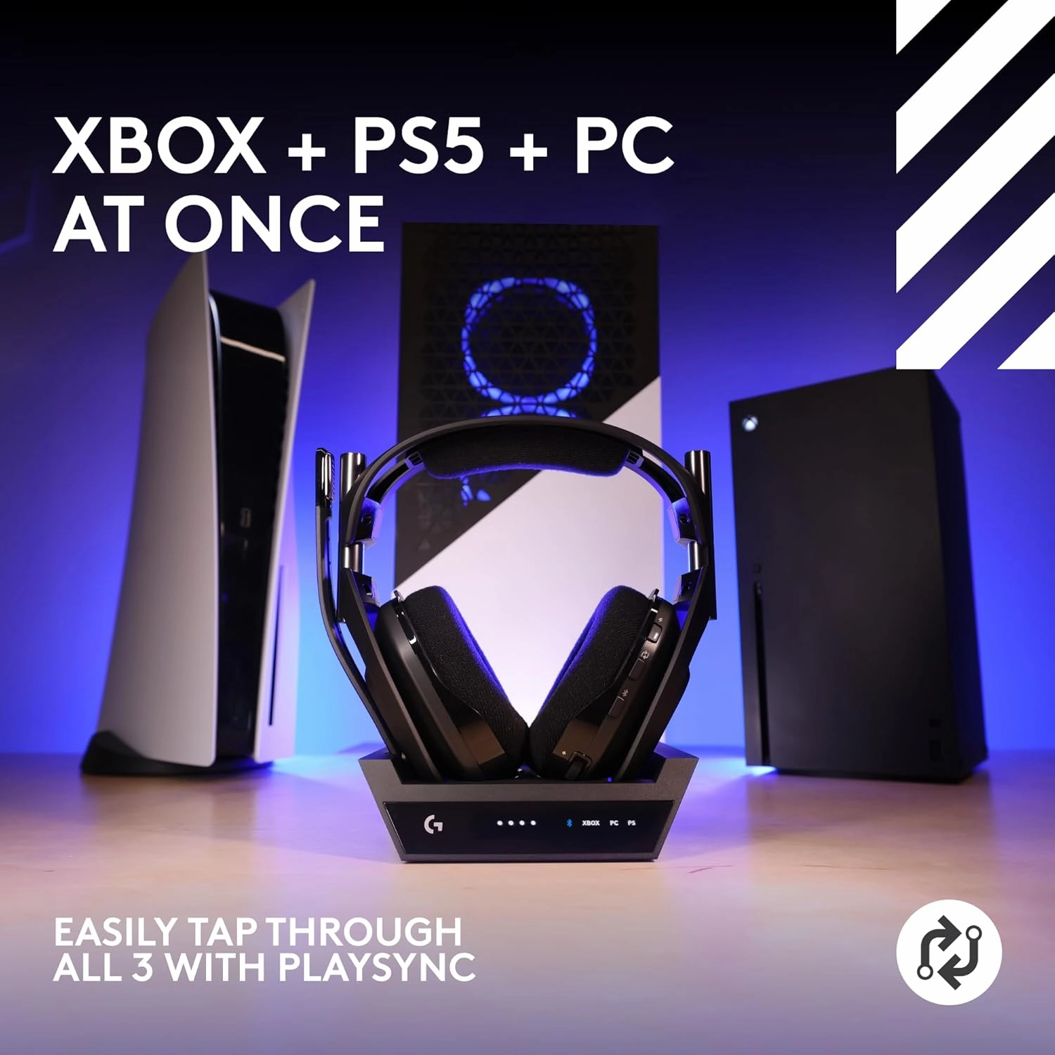 Logitech G Astro A50 X Omni-Platform Wireless Gaming Headset   Base Station for PS5, Xbox, PC: PLAYSYNC Video & Audio Switcher, HDMI 2.1 4K 120Hz VRR, <24 bit/48 kHz, 24hr Battery, 2.4GHz & BT - Black