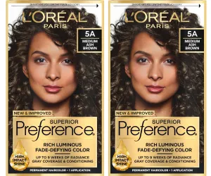 L'Oreal Paris Superior Preference Luminous Fade-Defying Permanent Hair Color, Hair Dye For Up to 9 Weeks of Radiance, Medium Ash Brown 5A, 1 Hair Dye Kit (Pack of 2)