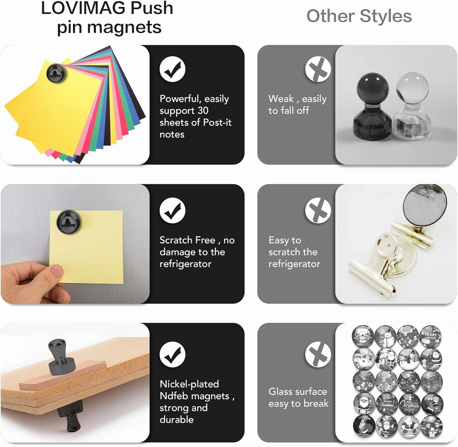 LOVIMAG 30Pcs Fridge Magnets Small Refrigerator Magnets, Black Neodymium Magnets for Whiteboard Strong Fridge Magnets Adult, Push Pin Magnets for Kitchen, Office, Classroom, Picture, Locker