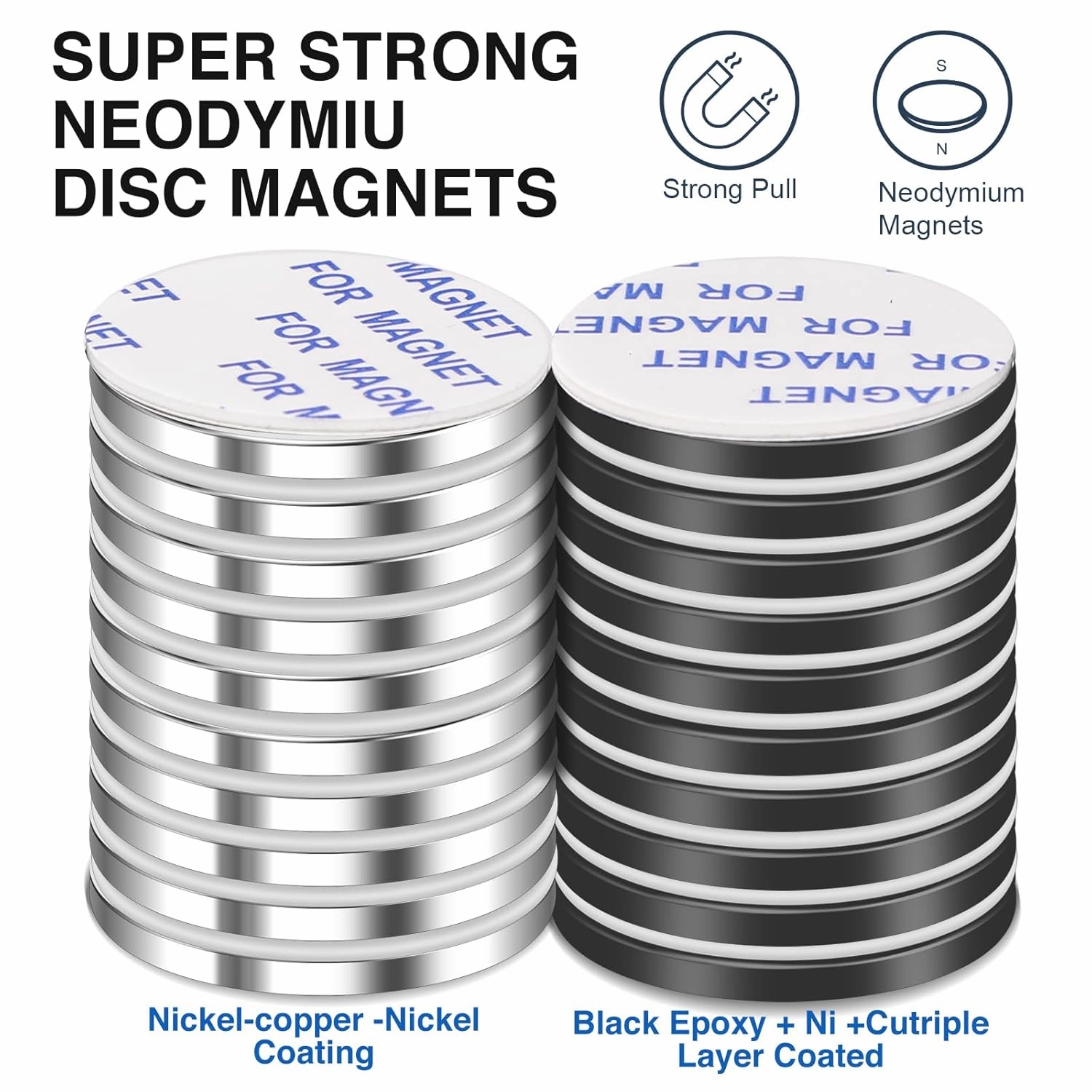 LOVIMAG Strong Rare Earth Neodymium Magnets, Powerful Disc Magnets with Double-Sided Adhesive, Heavy Duty for Fridge, Office, Science, DIY - 1.26in x 1/8in, Pack of 20 (10 Black, 10 Silver)