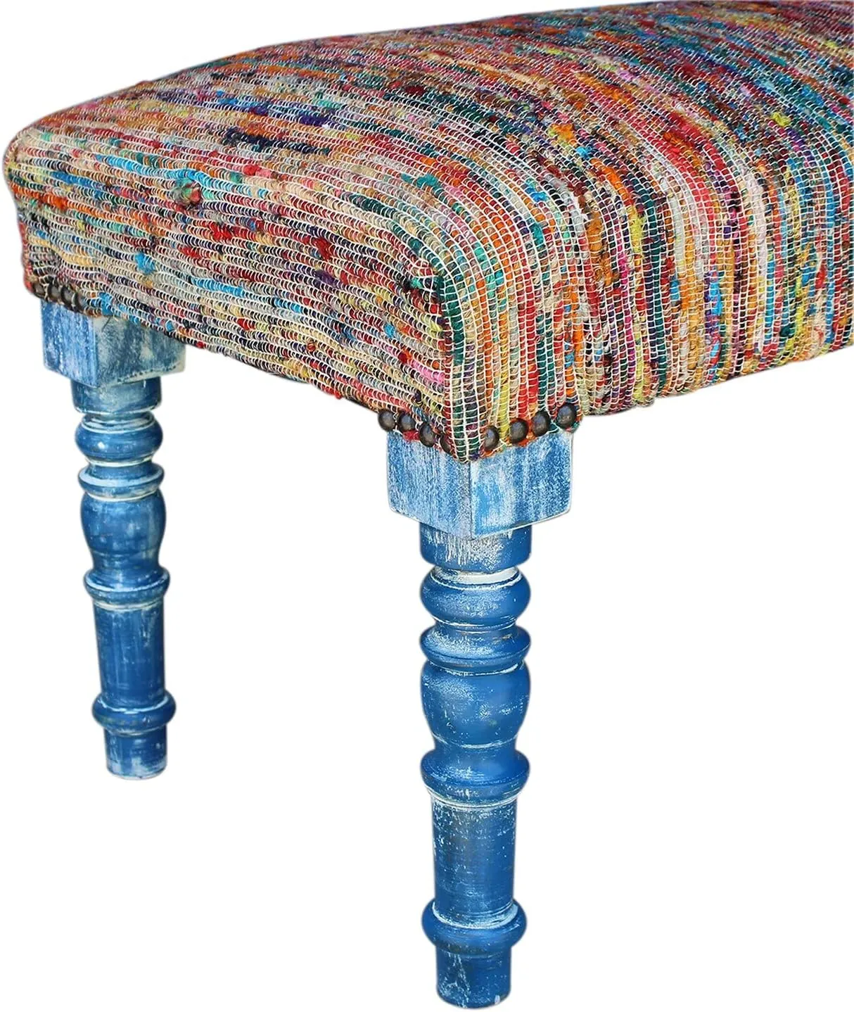 LR Home Chindi Multicolor Handmade Upholstered Bench for Bedroom End of Bed | Modern Accent Bench for Living Room, Bedroom, or Entryway Seating | Long Rectangle Sitting Bench | 47" W x 16" D x 18" H