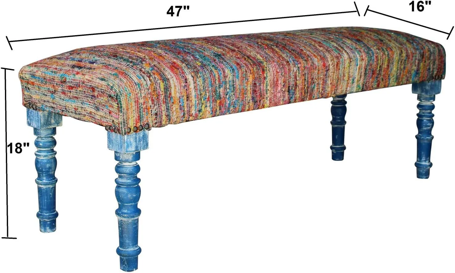 LR Home Chindi Multicolor Handmade Upholstered Bench for Bedroom End of Bed | Modern Accent Bench for Living Room, Bedroom, or Entryway Seating | Long Rectangle Sitting Bench | 47" W x 16" D x 18" H