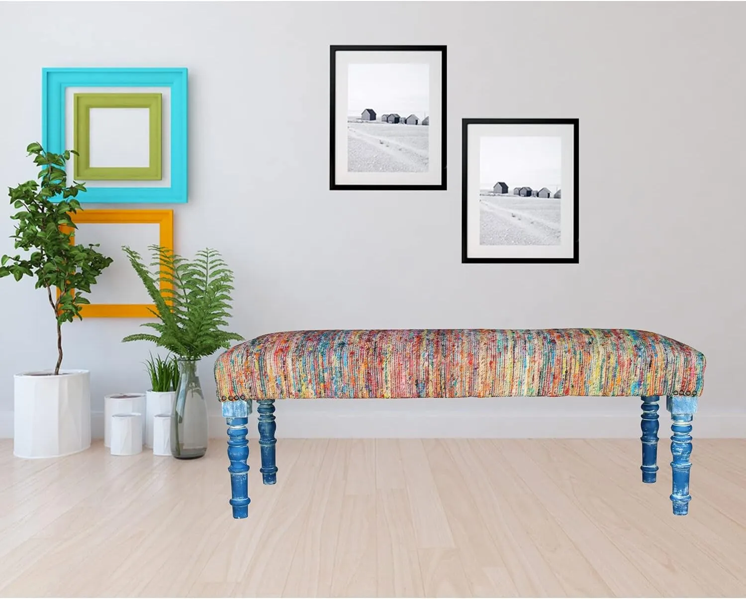 LR Home Chindi Multicolor Handmade Upholstered Bench for Bedroom End of Bed | Modern Accent Bench for Living Room, Bedroom, or Entryway Seating | Long Rectangle Sitting Bench | 47" W x 16" D x 18" H