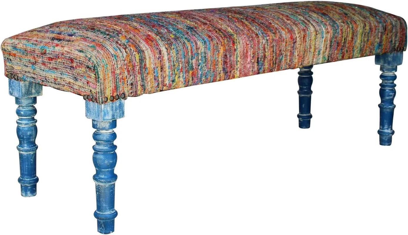 LR Home Chindi Multicolor Handmade Upholstered Bench for Bedroom End of Bed | Modern Accent Bench for Living Room, Bedroom, or Entryway Seating | Long Rectangle Sitting Bench | 47" W x 16" D x 18" H