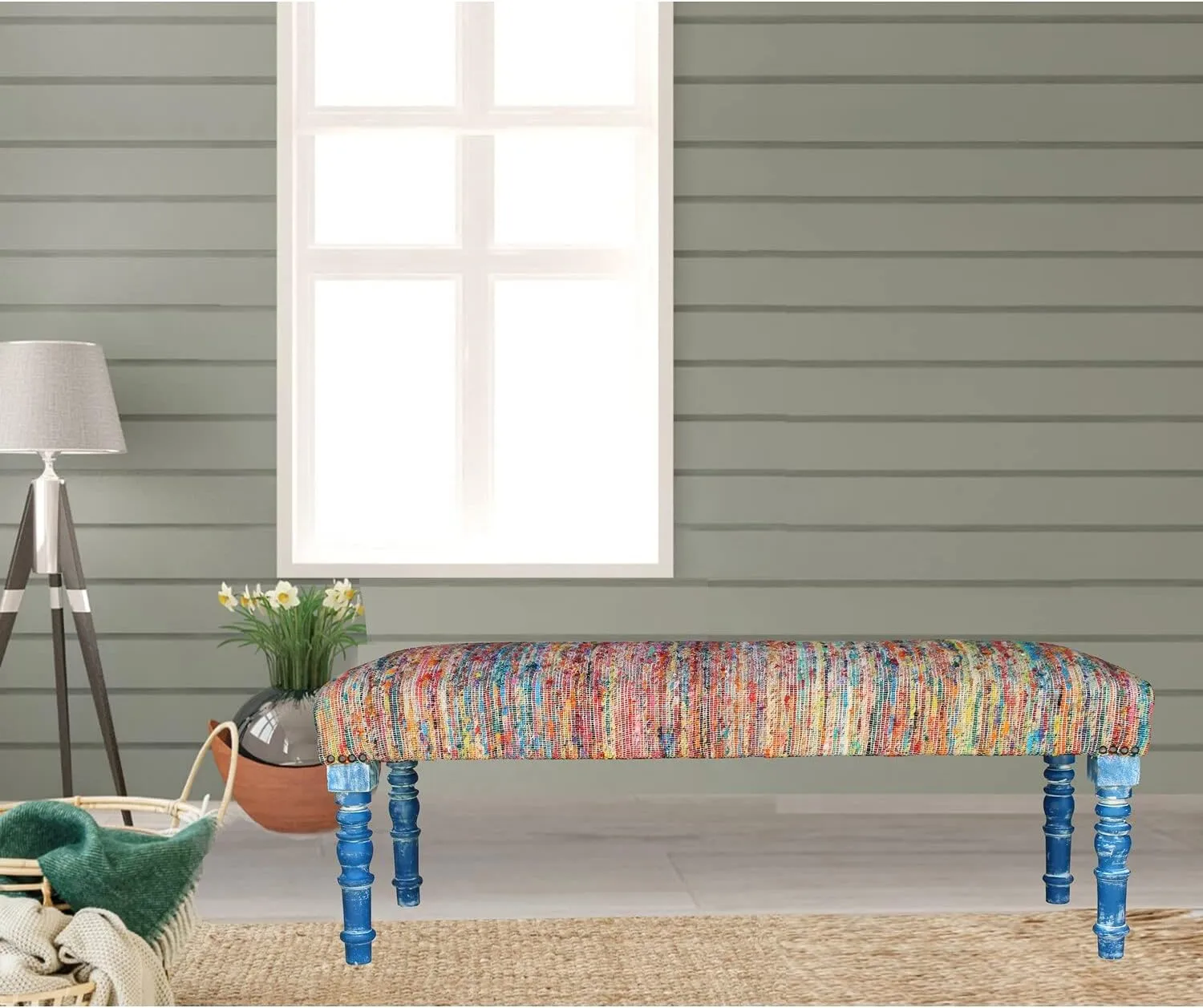 LR Home Chindi Multicolor Handmade Upholstered Bench for Bedroom End of Bed | Modern Accent Bench for Living Room, Bedroom, or Entryway Seating | Long Rectangle Sitting Bench | 47" W x 16" D x 18" H