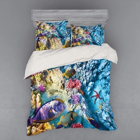 Lunarable Ocean Bedding Set, Exotic Coral Reefs Fish Starfish Shallow Clean Lagoon Egyptian Red Sea Image, 3 Piece Duvet Cover Set with Sham and Fitted Sheet, California King, Multicolor