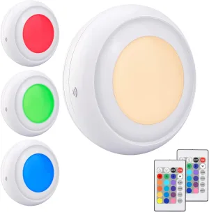 LUXSWAY Battery LED Color Puck Lights Stick Up Push Light with Remote 16 Color Changing LED Fairy Light Wireless Tap Dimmable Under Cabinet Nightlight Battery Powered RGB -4Pack