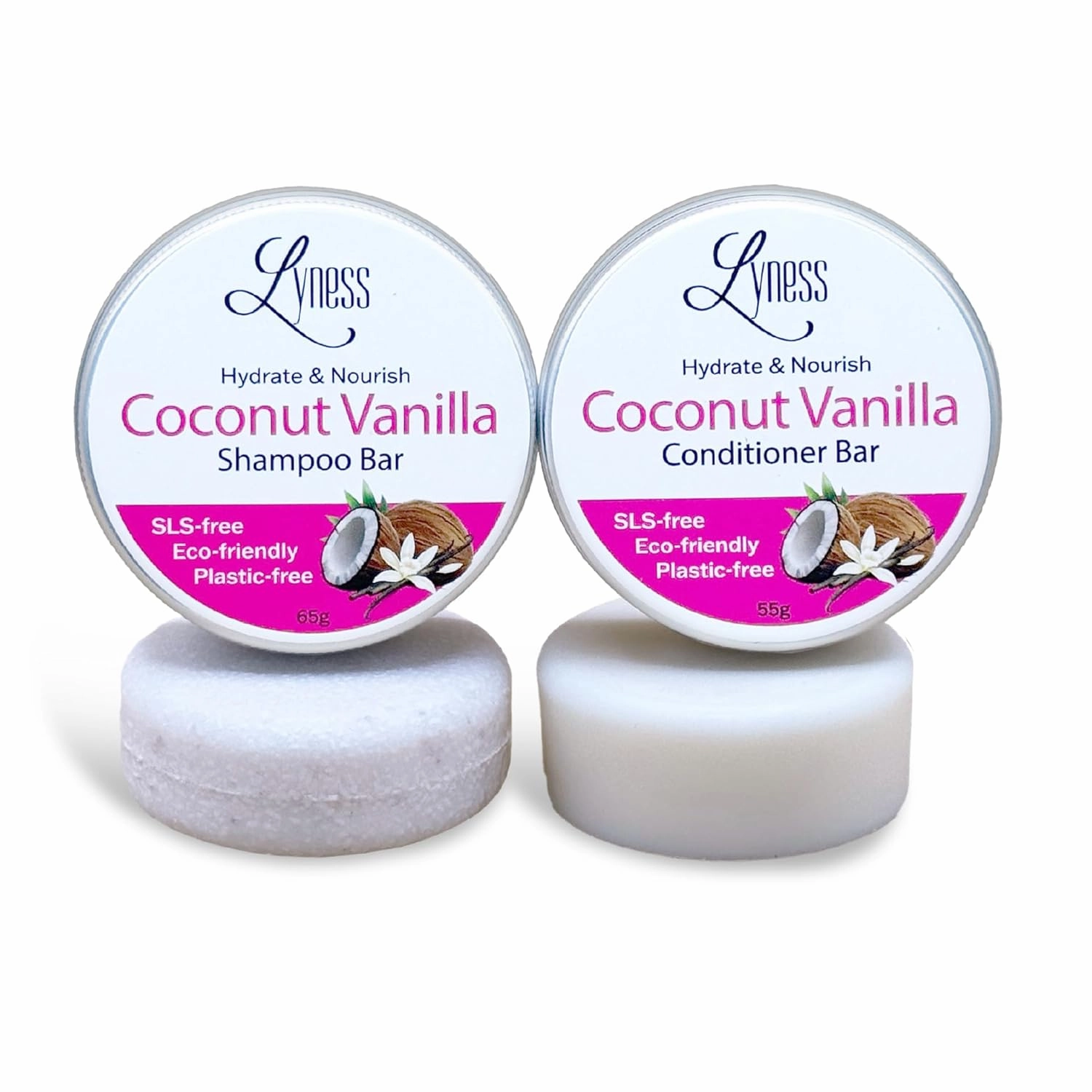 Lyness Coconut Vanilla Shampoo & Conditioner Bar Set | Travel Friendly | Plastic Free | SLS Free | Clean Ingredients