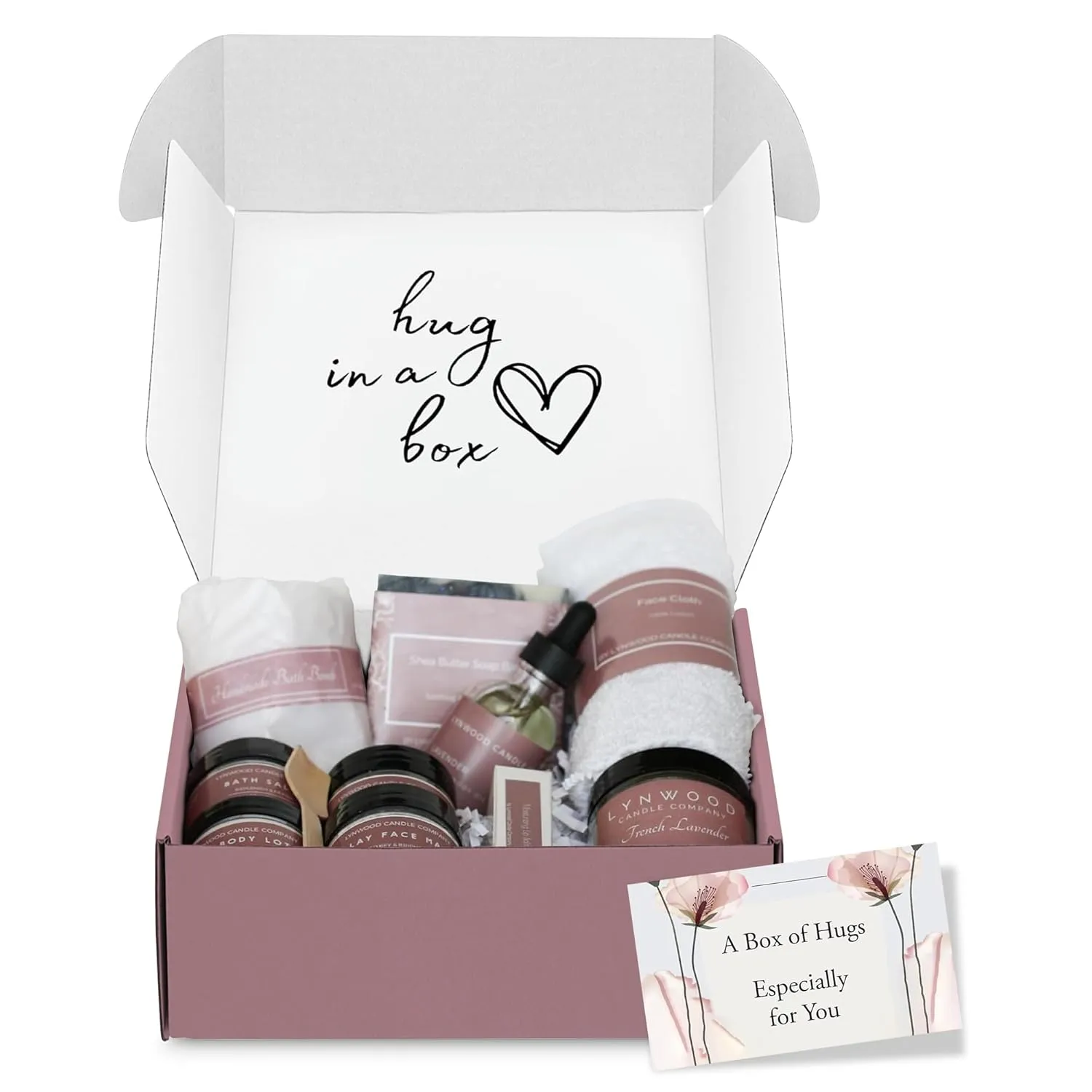 Lynwood Self Care Gift Box: Hug In A Box Package With All Natural Sugar Shower Scrub, Soap and Lotion Set, Shower Bombs Aromatherapy, Hydrating Body Oil, Scented Candle, Relaxing Lavander Bath Salts
