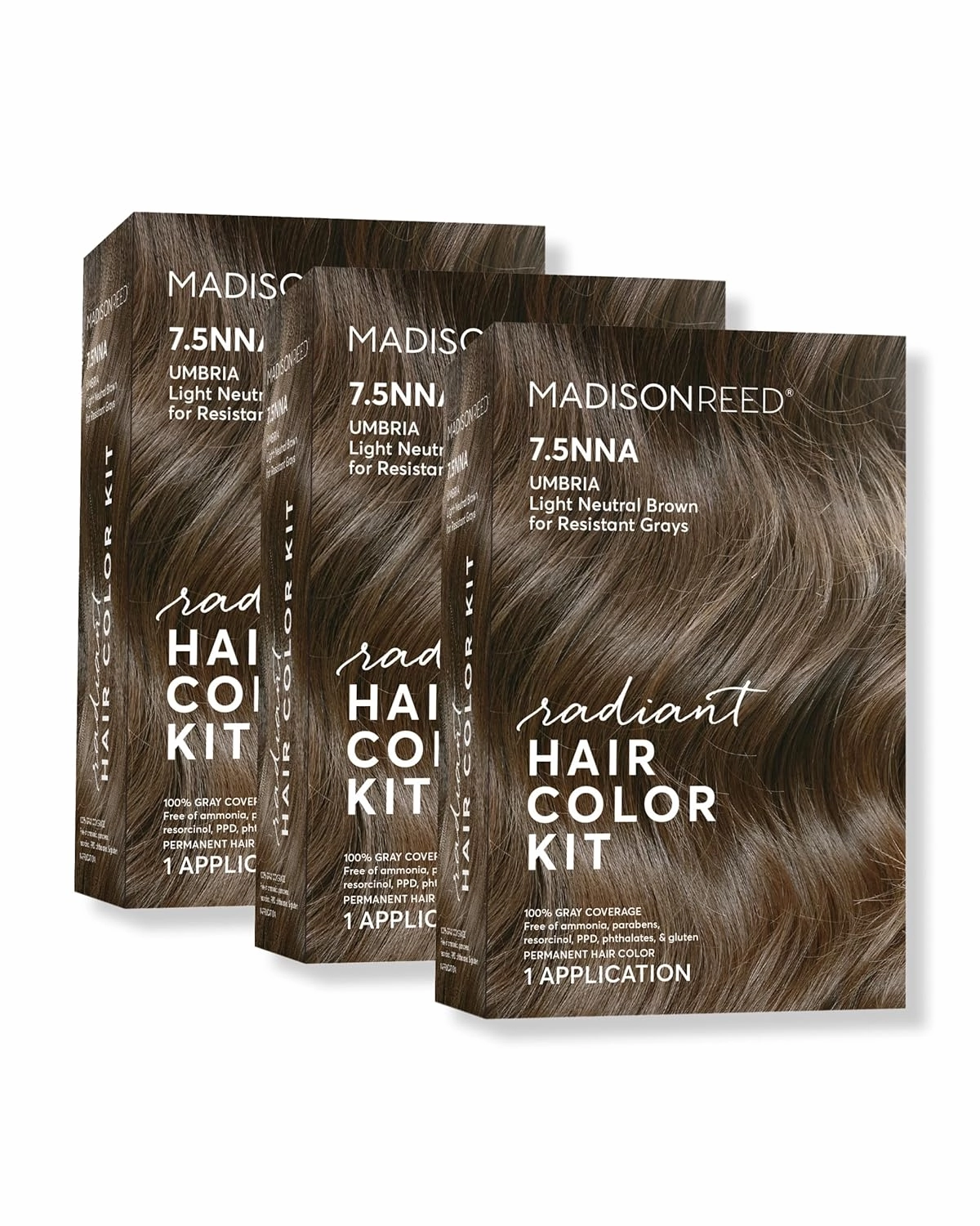Madison Reed Radiant Hair Color Kit, Light Neutral Brown for 100% Coverage of Resistant Gray Hair, Ammonia-Free, 7.5NNA Umbria Light Brown, Permanent Hair Dye, Pack of 3
