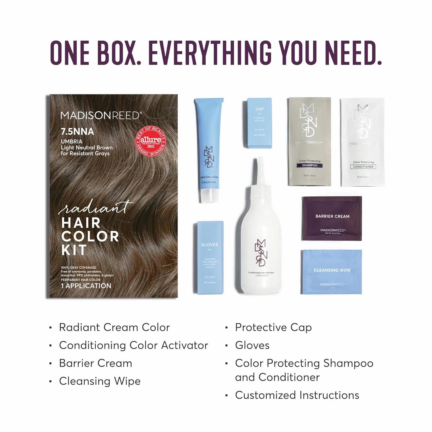 Madison Reed Radiant Hair Color Kit, Light Neutral Brown for 100% Coverage of Resistant Gray Hair, Ammonia-Free, 7.5NNA Umbria Light Brown, Permanent Hair Dye, Pack of 3