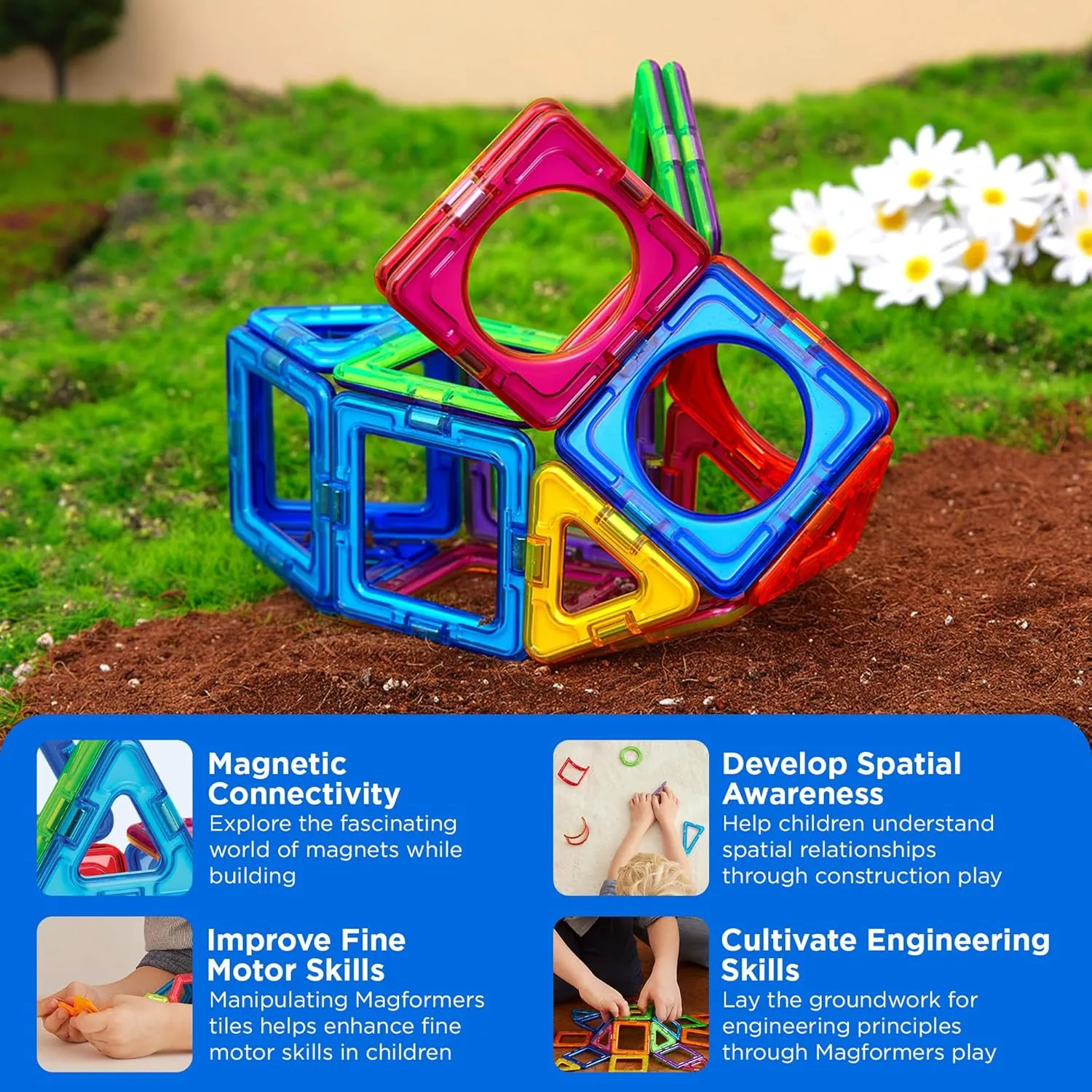 MAGFORMERS Basic Plus 30Piece, Rainbow Colors, Educational Magnetic Geometric Shapes Tiles Building STEM Toy Set Ages 3 