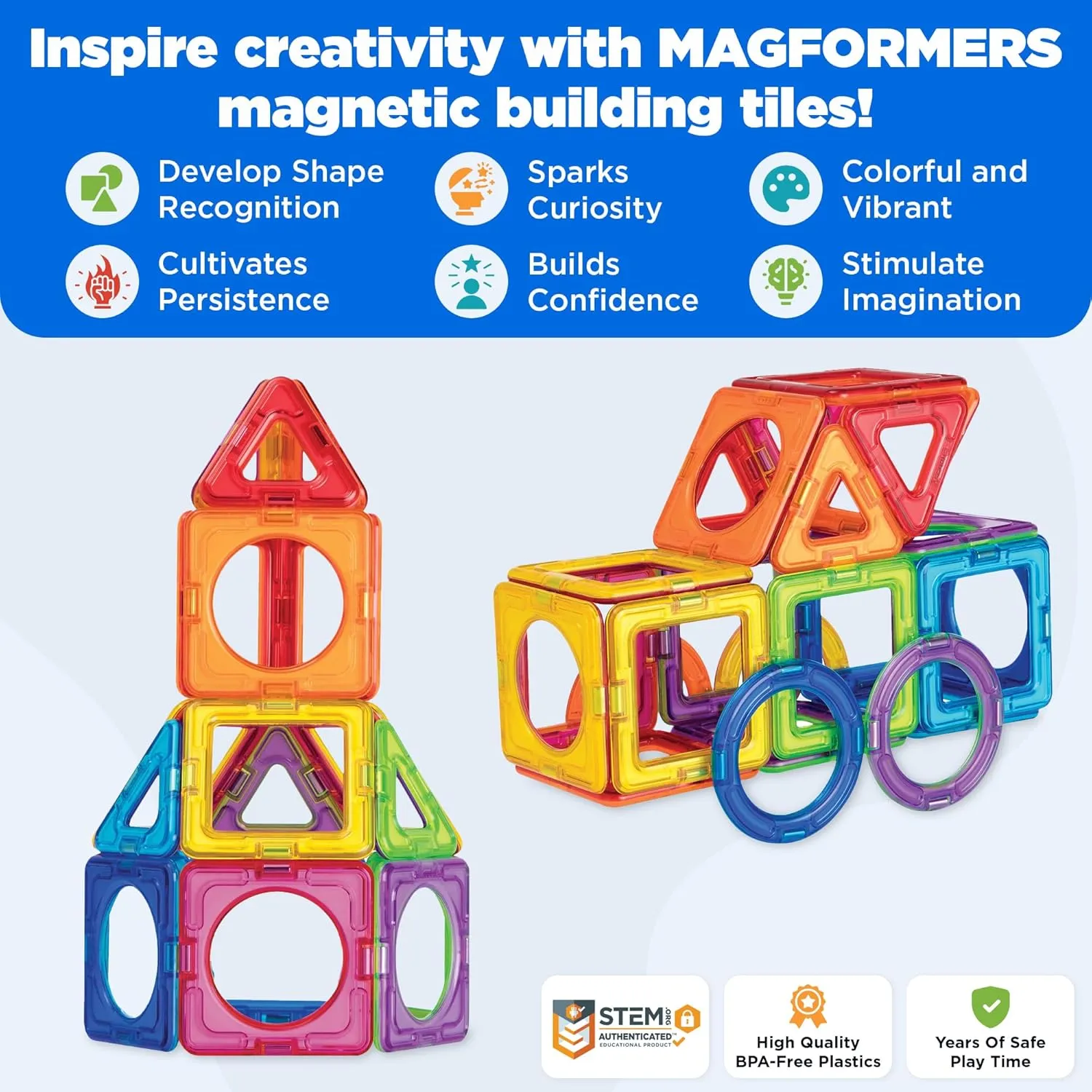 MAGFORMERS Basic Plus 30Piece, Rainbow Colors, Educational Magnetic Geometric Shapes Tiles Building STEM Toy Set Ages 3 
