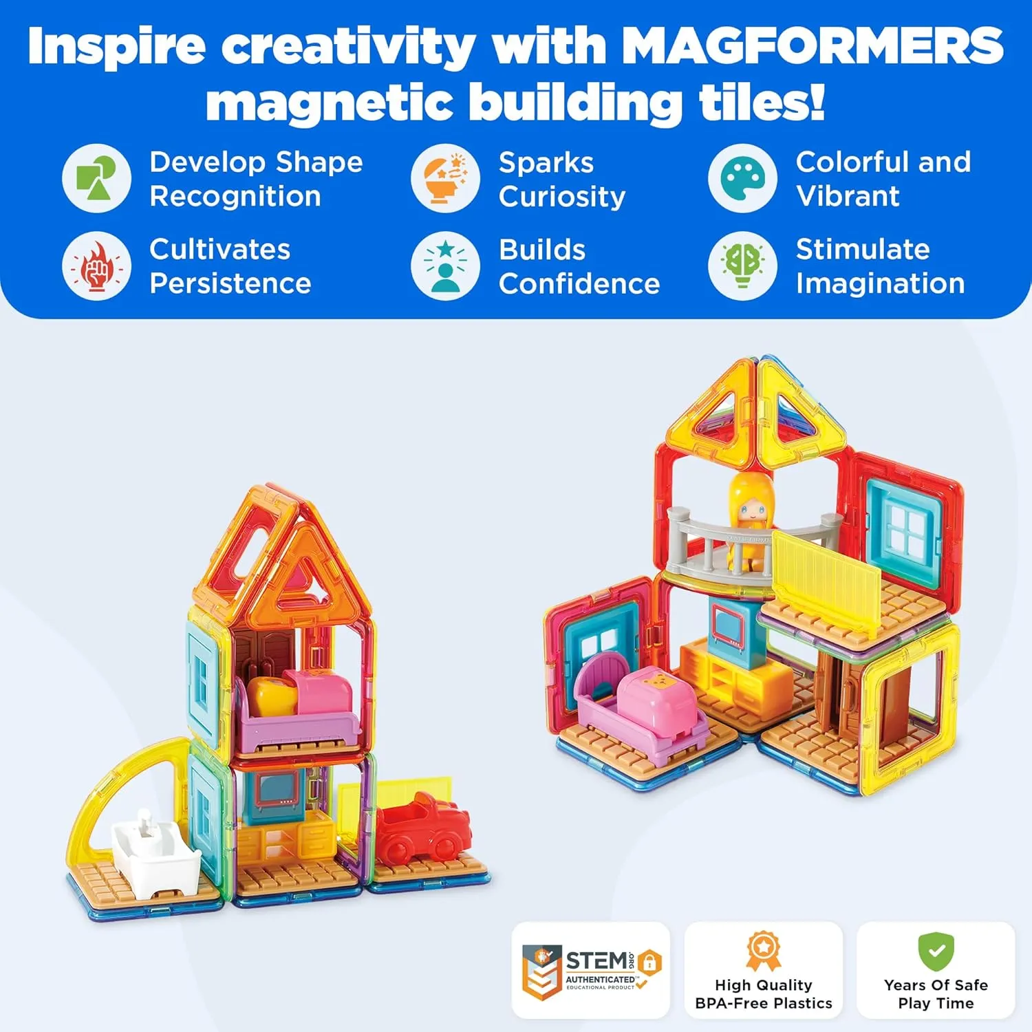 Magformers Maggy's House Set, Rainbow Colors, Educational Magnetic Geometric Shapes Tiles, Building STEM Toy Set, Ages 3 