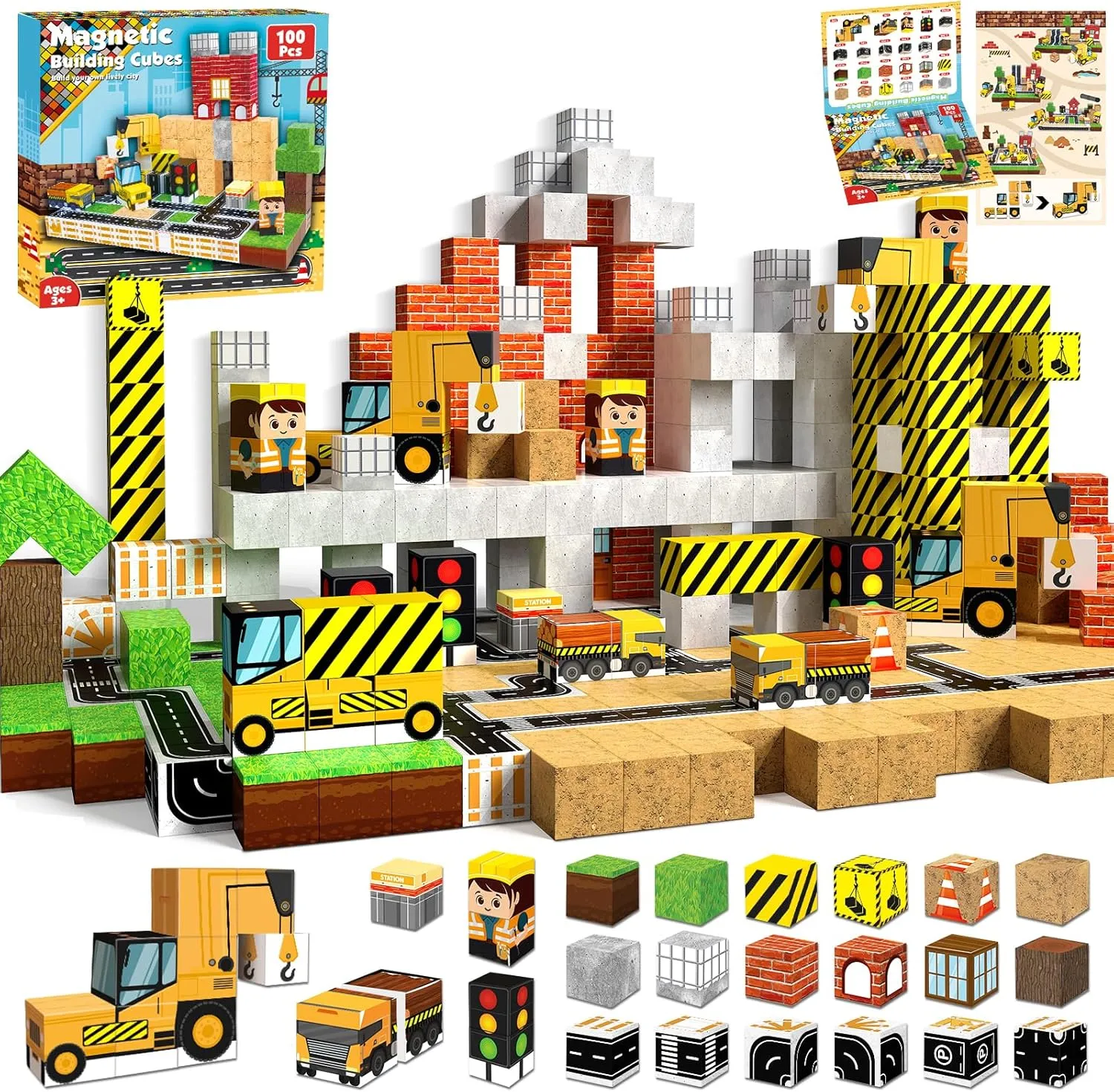 Magnetic Blocks-100PCS Magnetic Building Blocks, Magnetic Blocks Road with Car STEM Toddler Kids Toys, Construction Toys for Kids Ages 3 , Christmas Birthday Gifts for Boys & Girls