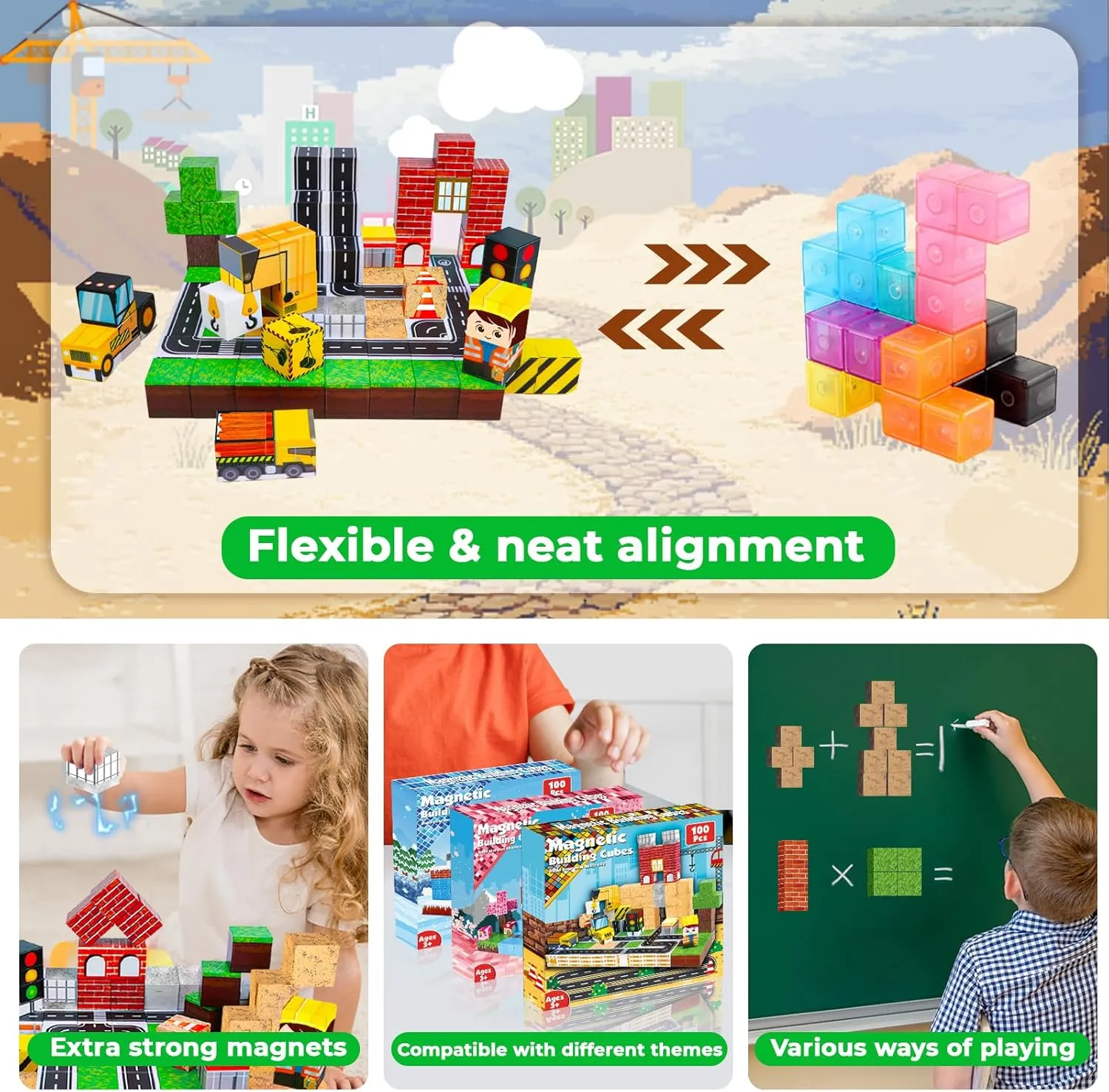 Magnetic Blocks-100PCS Magnetic Building Blocks, Magnetic Blocks Road with Car STEM Toddler Kids Toys, Construction Toys for Kids Ages 3 , Christmas Birthday Gifts for Boys & Girls