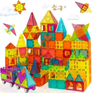 Magnetic Building Blocks, 120PCS with 2 Cars and 12 Cartoon Sheets, 3D Clear Magnet Tiles, STEM Educational Toys for Toddlers Kids Boys Girls Ages 3 