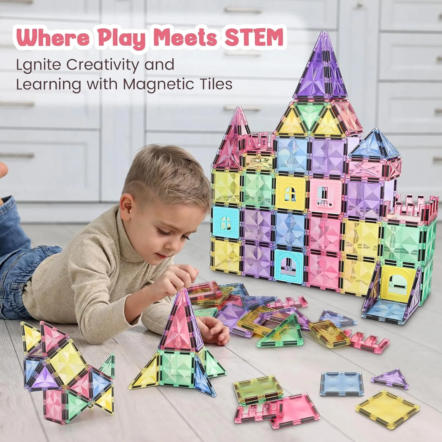 Magnetic Building Tiles 68 PCS Magnets Stacking Kids Toys STEM Sensory Games Educational Construction Toys Christmas Toy Gift for Boys and Girls 3 4 5 6 7 8 9 Year Old