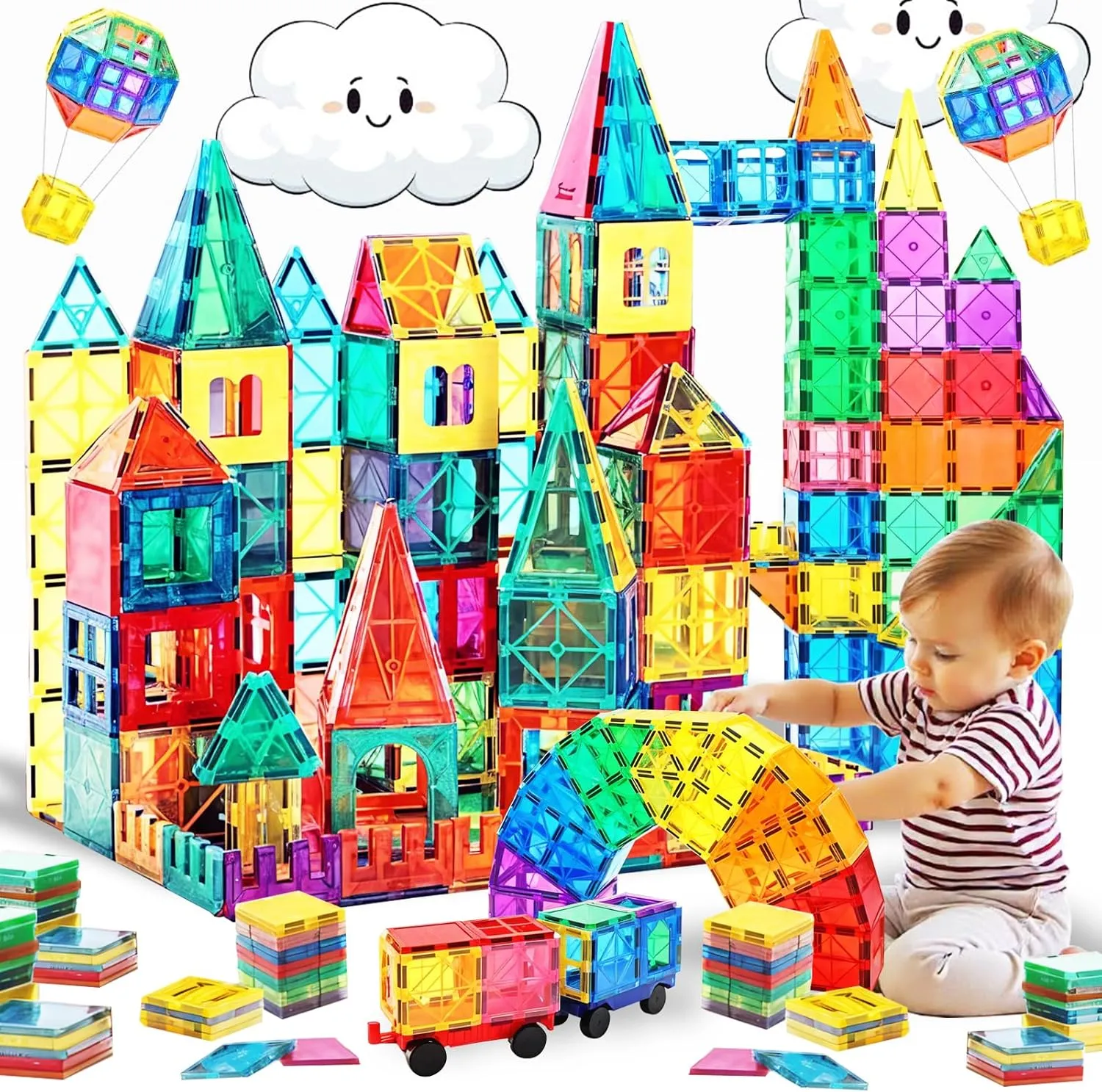 Magnetic Building Tiles for Kids, 100 Pcs Magnetic Building Blocks Set with 2 Cars, Construction Magna Tiles, STEM Sensory Stacking Educational Toys Gifts 3  Girls and Boys