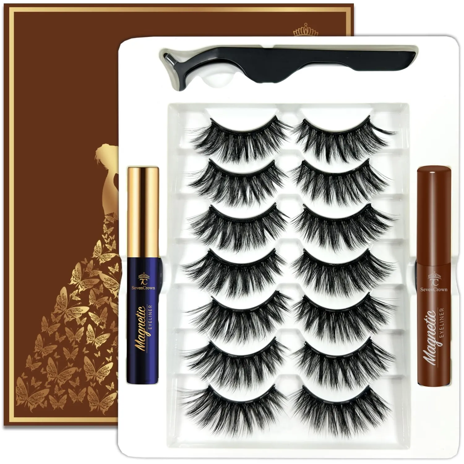 Magnetic Eyelashes Cat-eye Full Volume Magnetic Lashes,Reusable Easy Fake Eye Lash, 2 Tuble Strongest Waterproof Liquid Liner Brown.Vegan & Cruelty Free（1 black 1brown)