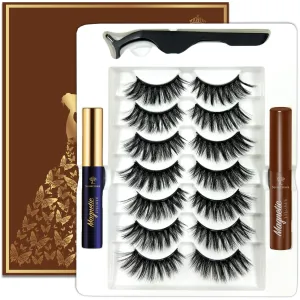 Magnetic Eyelashes Cat-eye Full Volume Magnetic Lashes,Reusable Easy Fake Eye Lash, 2 Tuble Strongest Waterproof Liquid Liner Brown.Vegan & Cruelty Free（1 black 1brown)