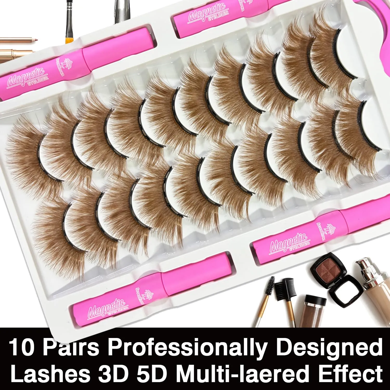 Magnetic Eyelashes Colored Eyelashes for Halloween Party Cosplay Makeup Kit,10 Pairs Color Magnetic Cat Eye Lashes with Eyeliner, Full Volume Brown Look 18-23MM Fake Eyelash Cruelty-Free & Vegan