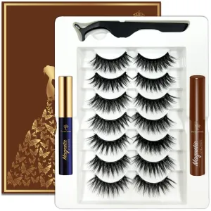 Magnetic Eyelashes Natural Look, 7 Pairs Reusable Cat-eye Medium Magnetic Lashes with 2 Tuble Magnetic Eyeliner （1 black 1brown) Vegan & Cruelty Free