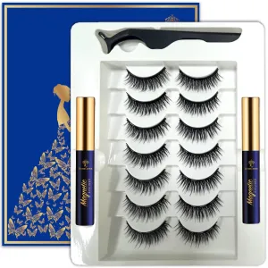 Magnetic Eyelashes with Eyeliner Kit - 7 Pairs 3D Short Magnetic Lashes with 2 Tubes of Liner Waterproof, Natural Look,Long Lasting, Easy Reusable Fake Eyelashes