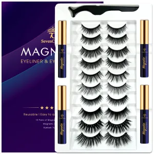 Magnetic Eyelashes with Eyeliner, Mix 10 Pairs Round Magnetic Lashes with Applicator,Most Natural Looking,Reusable Fake Eye Lash, Strongest Waterproof Liquid Liner,Cruelty-Free.