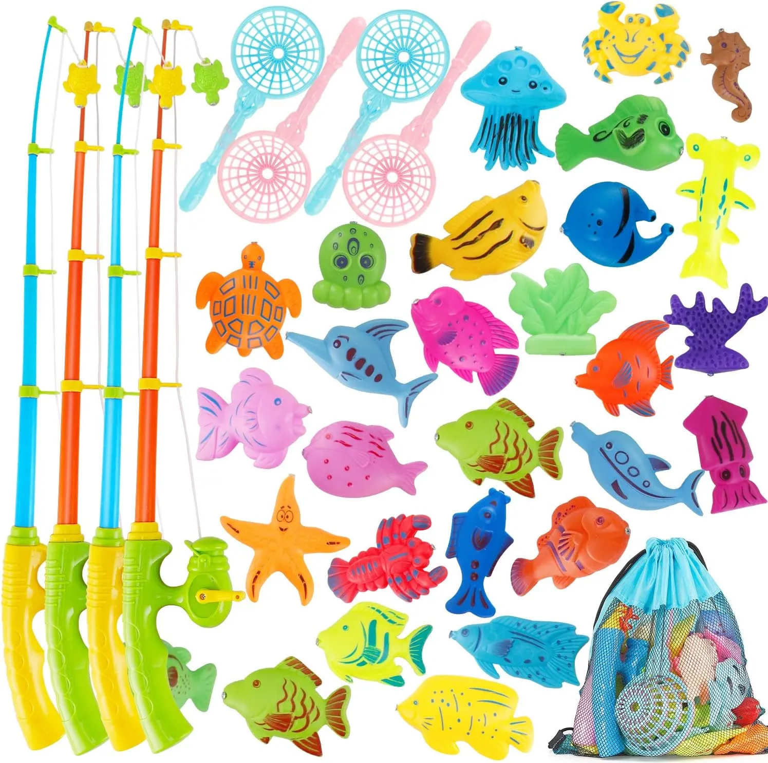 Magnetic Fishing Toy,60 Pcs Fishing Magnets Game with 4 Fishing Poles 4 Fishing Nets and 52 Floating Ocean Sea Animals,Toddler Bath Toys, Water Toys Fishing Game for Kids