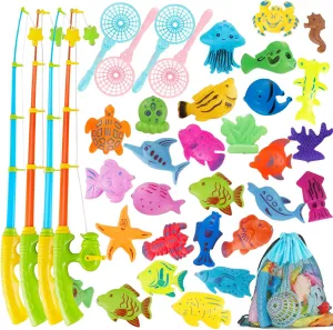 Magnetic Fishing Toy,60 Pcs Fishing Magnets Game with 4 Fishing Poles 4 Fishing Nets and 52 Floating Ocean Sea Animals,Toddler Bath Toys, Water Toys Fishing Game for Kids