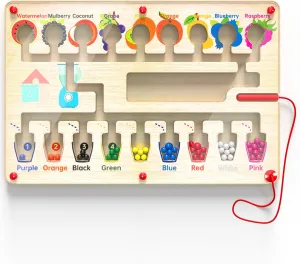 Magnetic Maze Fruits Colors - Montessori Educational Wooden Toy for All Toddlers 3-5 , Preschool Sensory & Cognitive Developments, Puzzle Busy Board, Motor & Counting Skills, Autism-Friendly